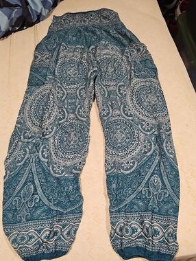 Teal & White Boho Paisley Harem Pants